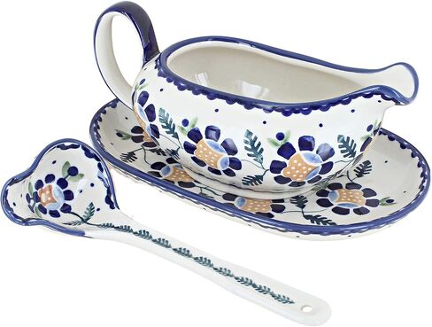 Blue Rose Polish Pottery Blue Violet Gravy Boat & Ladle in Kuwait