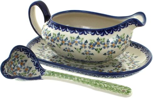 Blue Rose Polish Pottery Blue Violet Gravy Boat & Ladle in Kuwait