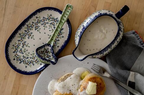 Blue Rose Polish Pottery Blue Violet Gravy Boat & Ladle in Kuwait