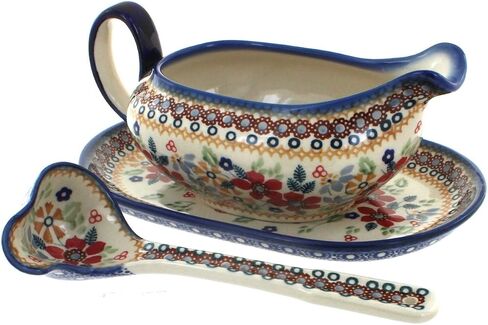 Blue Rose Polish Pottery Blue Violet Gravy Boat & Ladle in Kuwait