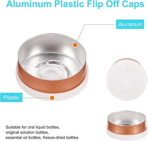 uxcell 20mm Flip Off Caps, 100PCS Burr-Free Flip Off Top Caps Seals Flip Off Aluminum Plastic Vial Flip Off Seals Caps Cover for Glass Vial Freeze-Dried Bottles, White/Gold in Saudi Arabia