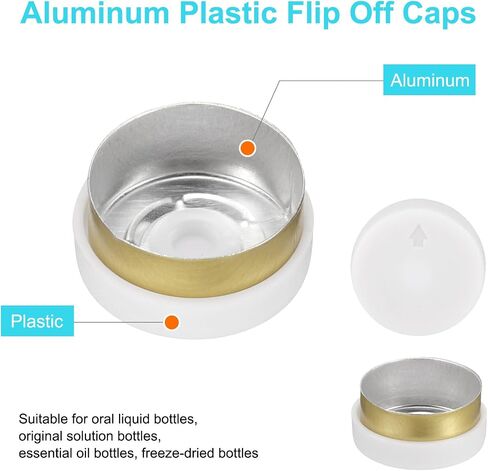 uxcell 20mm Flip Off Caps, 100PCS Burr-Free Flip Off Top Caps Seals Flip Off Aluminum Plastic Vial Flip Off Seals Caps Cover for Glass Vial Freeze-Dried Bottles, White/Gold in Saudi Arabia