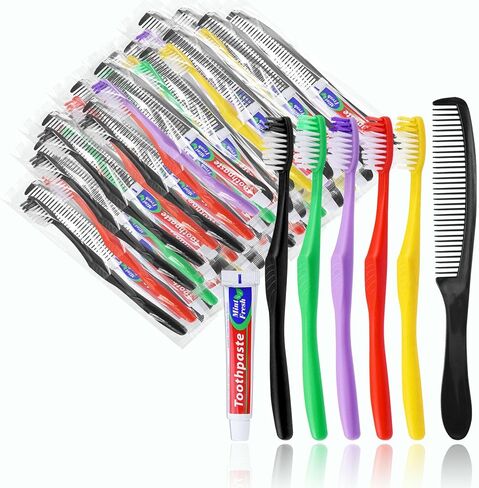 30 Pcs Disposable Toothbrushes with Toothpaste and Comb,10g Toothpaste,7inch Hair Comb,Individually Wrapped Single Use Travel Toothbrushes Kit Bulk for Homeless,Airbnb,Hotel,Guests(5 Colors) in Saudi Arabia