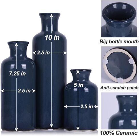 Blue Ceramic Vase Set for 3 - Modern Blue Decor Waterproof Small Vase, Farmhouse Country Home Decor, Living Room Decoration, Table Decoration, Fireplace Decor, and Entrance Centerpieces (Blue vase) in Saudi Arabia