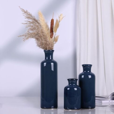 Blue Ceramic Vase Set for 3 - Modern Blue Decor Waterproof Small Vase, Farmhouse Country Home Decor, Living Room Decoration, Table Decoration, Fireplace Decor, and Entrance Centerpieces (Blue vase) in Saudi Arabia