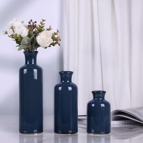 Blue Ceramic Vase Set for 3 - Modern Blue Decor Waterproof Small Vase, Farmhouse Country Home Decor, Living Room Decoration, Table Decoration, Fireplace Decor, and Entrance Centerpieces (Blue vase) in Saudi Arabia