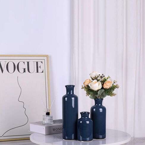 Blue Ceramic Vase Set for 3 - Modern Blue Decor Waterproof Small Vase, Farmhouse Country Home Decor, Living Room Decoration, Table Decoration, Fireplace Decor, and Entrance Centerpieces (Blue vase) in Saudi Arabia