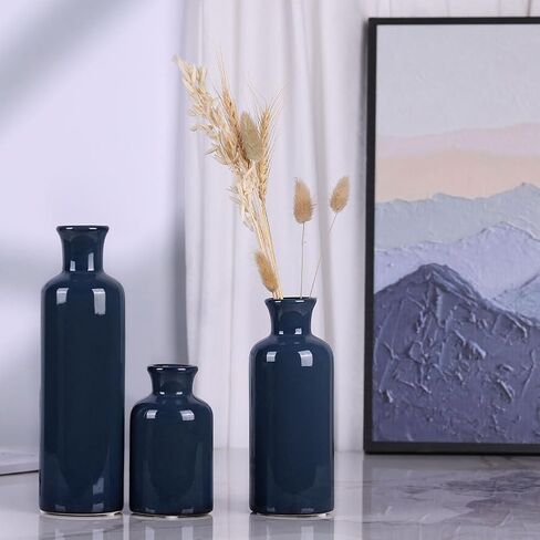 Blue Ceramic Vase Set for 3 - Modern Blue Decor Waterproof Small Vase, Farmhouse Country Home Decor, Living Room Decoration, Table Decoration, Fireplace Decor, and Entrance Centerpieces (Blue vase) in Saudi Arabia