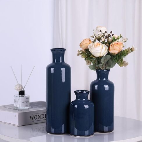 Blue Ceramic Vase Set for 3 - Modern Blue Decor Waterproof Small Vase, Farmhouse Country Home Decor, Living Room Decoration, Table Decoration, Fireplace Decor, and Entrance Centerpieces (Blue vase) in Saudi Arabia