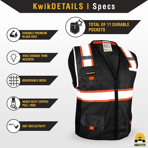 KwikSafety - Charlotte, NC - UNDERBOSS Safety Vest [11 POCKETS] Premium ANSI Class Unrated High Visibility Reflective PPE Construction Surveyor Hi Vis Industrial Work Gear/Black XL in Saudi Arabia