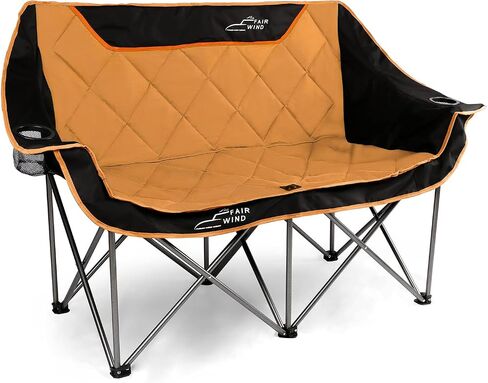 FAIR WIND Oversized Fully Padded Camping Chair Folding Loveseat Camping Couch Double Duo Chair Heavy Duty Quad Fold Arm Chair with Cup Hold - Supports 650 LBS Black in Kuwait