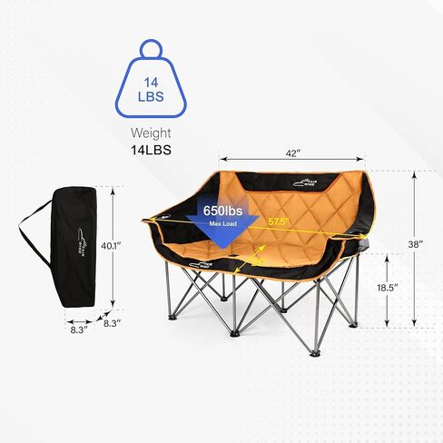 FAIR WIND Oversized Fully Padded Camping Chair Folding Loveseat Camping Couch Double Duo Chair Heavy Duty Quad Fold Arm Chair with Cup Hold - Supports 650 LBS Black in Kuwait