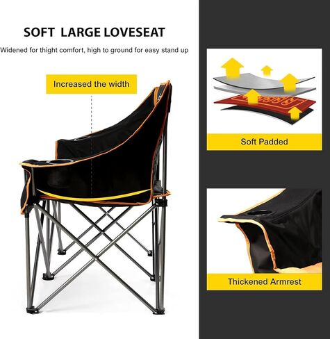 FAIR WIND Oversized Fully Padded Camping Chair Folding Loveseat Camping Couch Double Duo Chair Heavy Duty Quad Fold Arm Chair with Cup Hold - Supports 650 LBS Black in Kuwait