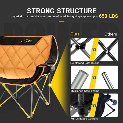 FAIR WIND Oversized Fully Padded Camping Chair Folding Loveseat Camping Couch Double Duo Chair Heavy Duty Quad Fold Arm Chair with Cup Hold - Supports 650 LBS Black in Kuwait