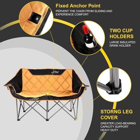 FAIR WIND Oversized Fully Padded Camping Chair Folding Loveseat Camping Couch Double Duo Chair Heavy Duty Quad Fold Arm Chair with Cup Hold - Supports 650 LBS Black in Kuwait