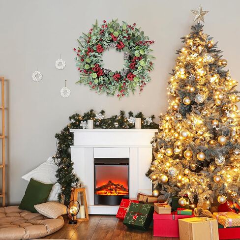 sggvecsy 22 بوصة إكليل عيد الميلاد الاصطناعي للباب الأمامي عيد الميلاد إكليل التوت الأحمر مع إبر الصنوبر مخاريط الصنوبر أوراق الأوكالبتوس زينة عيد الميلاد لجدار الشتاء في الهواء الطلق ديكور المنزل عطلة عيد الميلاد in Kuwait