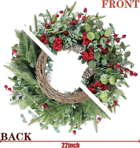 sggvecsy 22 بوصة إكليل عيد الميلاد الاصطناعي للباب الأمامي عيد الميلاد إكليل التوت الأحمر مع إبر الصنوبر مخاريط الصنوبر أوراق الأوكالبتوس زينة عيد الميلاد لجدار الشتاء في الهواء الطلق ديكور المنزل عطلة عيد الميلاد in Kuwait