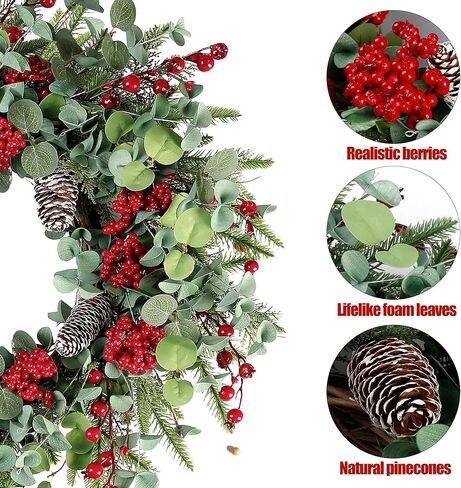 sggvecsy 22 بوصة إكليل عيد الميلاد الاصطناعي للباب الأمامي عيد الميلاد إكليل التوت الأحمر مع إبر الصنوبر مخاريط الصنوبر أوراق الأوكالبتوس زينة عيد الميلاد لجدار الشتاء في الهواء الطلق ديكور المنزل عطلة عيد الميلاد in Kuwait