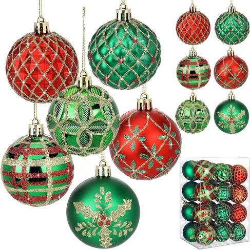 Hungdao 24 Pcs Christmas Ball Ornaments Red Green and Gold Christmas Tree Hanging Ornaments 2.4'' Glitter Christmas Ball Decorations Christmas Tree Pendants for Tree Xmas Holiday Party in Saudi Arabia