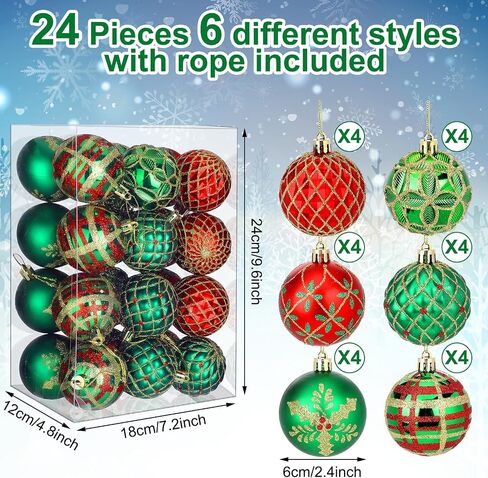 Hungdao 24 Pcs Christmas Ball Ornaments Red Green and Gold Christmas Tree Hanging Ornaments 2.4'' Glitter Christmas Ball Decorations Christmas Tree Pendants for Tree Xmas Holiday Party in Saudi Arabia