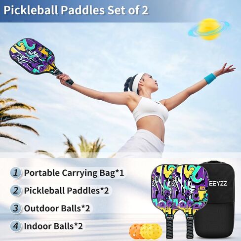 Pickleball Paddles Set of 2 Pickle Rackets: 4 Balls and 1 Carry Bag - Lightweight Fiberglass Pickle Ball Paddle in Saudi Arabia