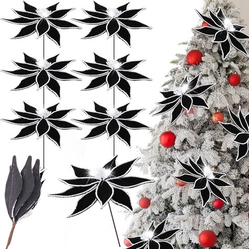 6 قطع زهور عيد الميلاد الكبيرة زهور البونسيتة السوداء 13 بوصة زهور شجرة عيد الميلاد الاصطناعية مع جذع زهرة صناعية سوداء زينة عيد الميلاد لإكليل عيد الميلاد وحفلات الزفاف in Kuwait