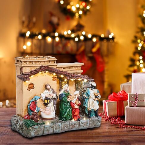 Brightown Christmas Manger Nativity Sets, Lighted Nativity Scenes Indoor with Music and Rotating Baby Jesus, Resin Figures for Xmas Decoration and Gift, Home Table Fireplace Decor in Saudi Arabia