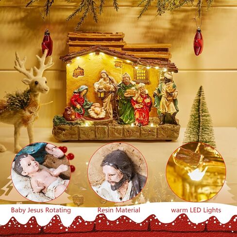 Brightown Christmas Manger Nativity Sets, Lighted Nativity Scenes Indoor with Music and Rotating Baby Jesus, Resin Figures for Xmas Decoration and Gift, Home Table Fireplace Decor in Saudi Arabia