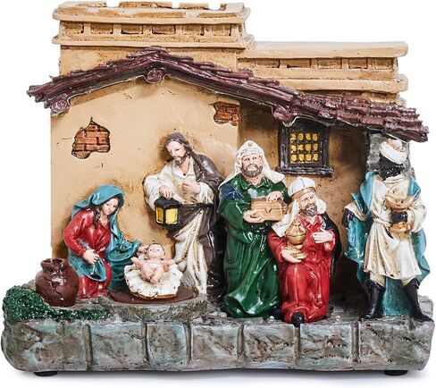 Brightown Christmas Manger Nativity Sets, Lighted Nativity Scenes Indoor with Music and Rotating Baby Jesus, Resin Figures for Xmas Decoration and Gift, Home Table Fireplace Decor in Saudi Arabia