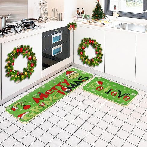Christmas Kitchen Rugs Set of 2, Merry Grinchmas Kitchen Decorations Anti Fatigue Rug Non Skid Washable Mats for Home Kitchen Floor Decor in Saudi Arabia