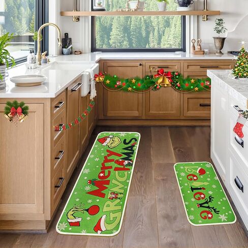 Christmas Kitchen Rugs Set of 2, Merry Grinchmas Kitchen Decorations Anti Fatigue Rug Non Skid Washable Mats for Home Kitchen Floor Decor in Saudi Arabia