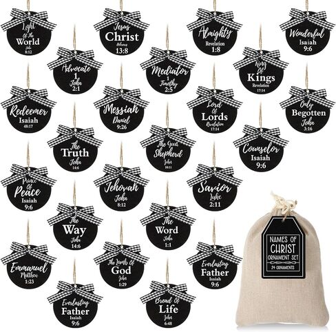 Landhoow 24 Pcs Christmas Names of Jesus Christ Ornament Wood Hanging Ornaments with The Savior Names Christmas Tree Ornament with Burlap Bag for Church Home Office Christmas Tree Decor (Star) in Saudi Arabia