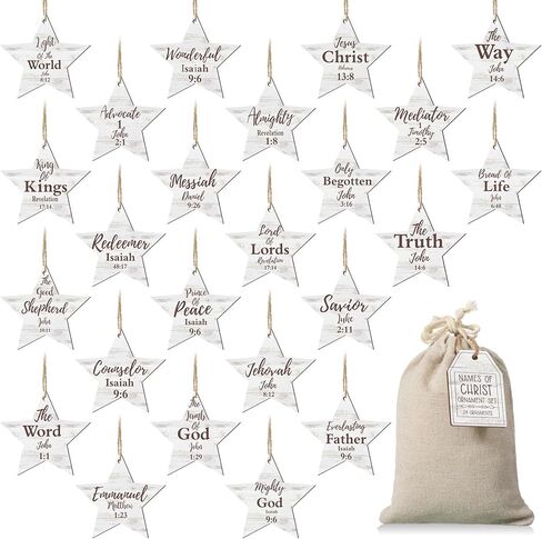 Landhoow 24 Pcs Christmas Names of Jesus Christ Ornament Wood Hanging Ornaments with The Savior Names Christmas Tree Ornament with Burlap Bag for Church Home Office Christmas Tree Decor (Star) in Kuwait