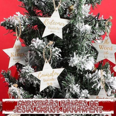 Landhoow 24 Pcs Christmas Names of Jesus Christ Ornament Wood Hanging Ornaments with The Savior Names Christmas Tree Ornament with Burlap Bag for Church Home Office Christmas Tree Decor (Star) in Kuwait