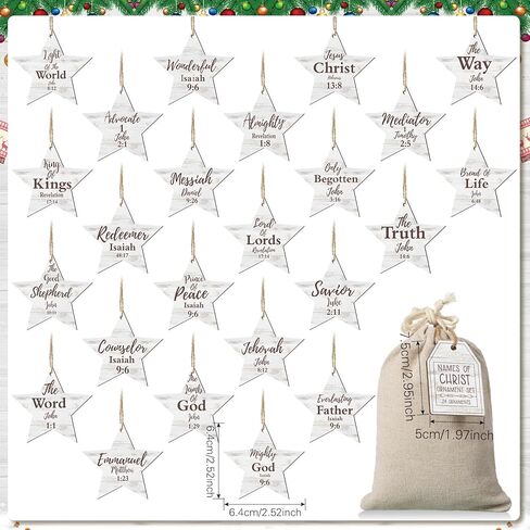 Landhoow 24 Pcs Christmas Names of Jesus Christ Ornament Wood Hanging Ornaments with The Savior Names Christmas Tree Ornament with Burlap Bag for Church Home Office Christmas Tree Decor (Star) in Kuwait