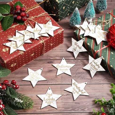Landhoow 24 Pcs Christmas Names of Jesus Christ Ornament Wood Hanging Ornaments with The Savior Names Christmas Tree Ornament with Burlap Bag for Church Home Office Christmas Tree Decor (Star) in Kuwait
