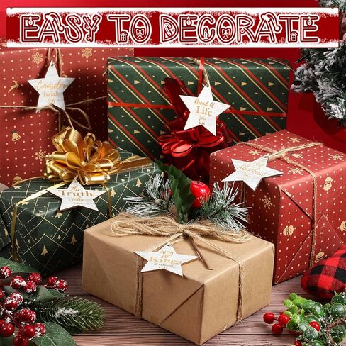 Landhoow 24 Pcs Christmas Names of Jesus Christ Ornament Wood Hanging Ornaments with The Savior Names Christmas Tree Ornament with Burlap Bag for Church Home Office Christmas Tree Decor (Star) in Kuwait