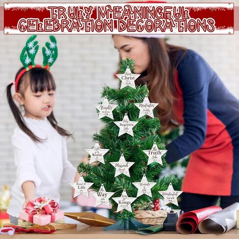 Landhoow 24 Pcs Christmas Names of Jesus Christ Ornament Wood Hanging Ornaments with The Savior Names Christmas Tree Ornament with Burlap Bag for Church Home Office Christmas Tree Decor (Star) in Kuwait