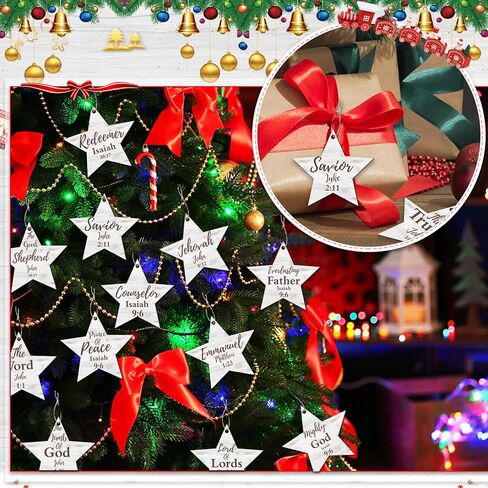 Landhoow 24 Pcs Christmas Names of Jesus Christ Ornament Wood Hanging Ornaments with The Savior Names Christmas Tree Ornament with Burlap Bag for Church Home Office Christmas Tree Decor (Star) in Kuwait