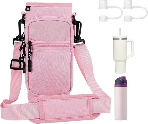 حامل زجاجة مياه مع حزام من القماش حامل زجاجة ماء كحامل ستانلي 40 أونصة، 32-40 أونصة حامل زجاجة مياه قارورة مائية مع مشبك حلقة تسلق قطعة واحدة وأغطية قش 2 قطعة in Kuwait