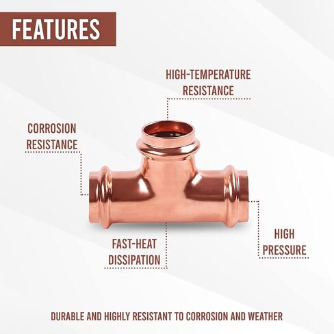 ProPress 1/2 Inch Copper Tee – Push to Connect Copper Tee Press Fitting – Tee Connector – Copper Pex Fitting Compatible with Copper pipe - Pack of 10 in Saudi Arabia
