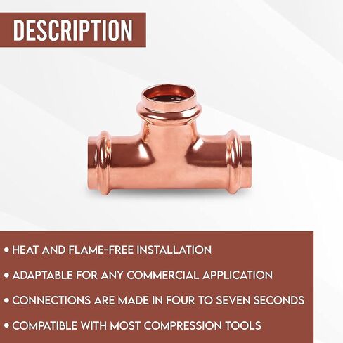 ProPress 1/2 Inch Copper Tee – Push to Connect Copper Tee Press Fitting – Tee Connector – Copper Pex Fitting Compatible with Copper pipe - Pack of 10 in Saudi Arabia