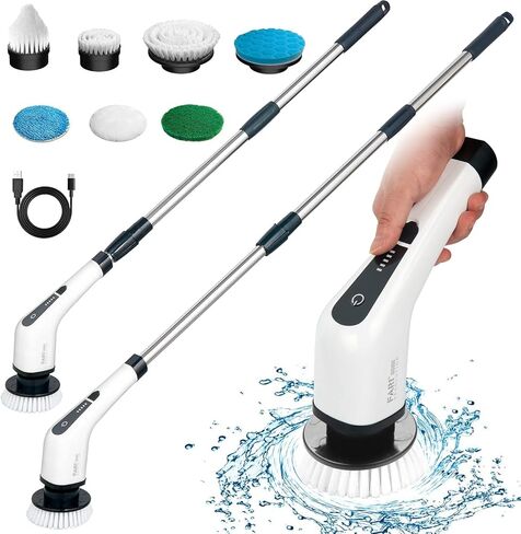 Electric Spin Scrubber, FARI Cordless Cleaning Brush with 7 Replaceable Brush Heads, Tub and Floor Tile 360 Power Scrubber Mop with Adjustable Handle for Bathroom Kitchen Car (White) in Saudi Arabia