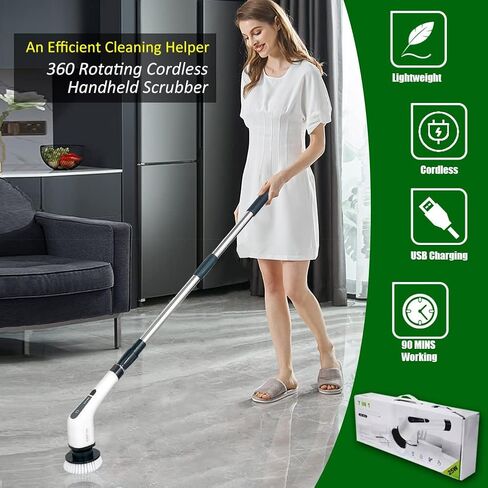 Electric Spin Scrubber, FARI Cordless Cleaning Brush with 7 Replaceable Brush Heads, Tub and Floor Tile 360 Power Scrubber Mop with Adjustable Handle for Bathroom Kitchen Car (White) in Saudi Arabia
