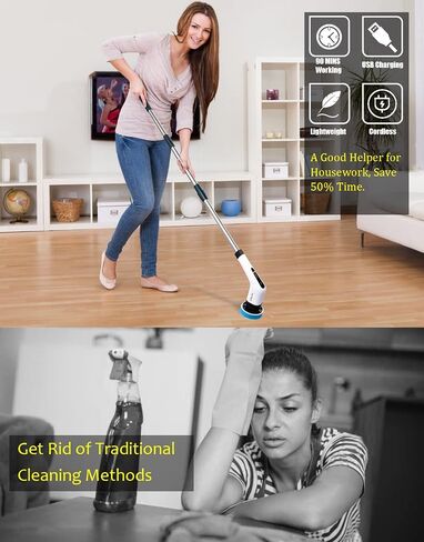 Electric Spin Scrubber, FARI Cordless Cleaning Brush with 7 Replaceable Brush Heads, Tub and Floor Tile 360 Power Scrubber Mop with Adjustable Handle for Bathroom Kitchen Car (White) in Saudi Arabia