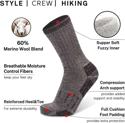 Busy Socks 3 Pack Crew Merino Wool Hiking Socks for Men Women Winter Thick Warm Thermal Cushioned Moisture Wicking Boot Sock in Kuwait