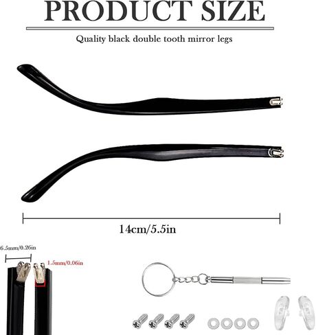 1 Pair TR90 Bright Black Glasses Replacement Arms Glasses Double Convex Teeth 6.5mm Replacement Temple with Screws, Screw Washers and 3-in-1 Screwdriver (Gloss Black 6.5mm) in Saudi Arabia