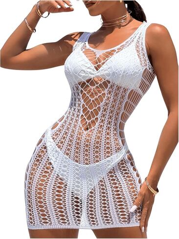 Women's Hollow Out V Neck Sleeveless Cover Up Dress Sheer Swimwear Bathing Suit in Saudi Arabia