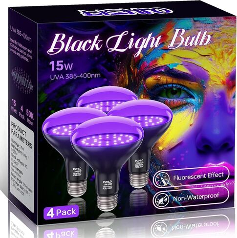 4 قطع 15 وات LED مصابيح إضاءة سوداء، BR30 E26 Black Shell Blacklight LED لمبة، 385-400 نانومتر، تتوهج في الظلام لحفلة الضوء الأسود، طلاء الجسم، ملصق فلورسنت، ديكور الهالوين، غير مقاومة للماء in Kuwait