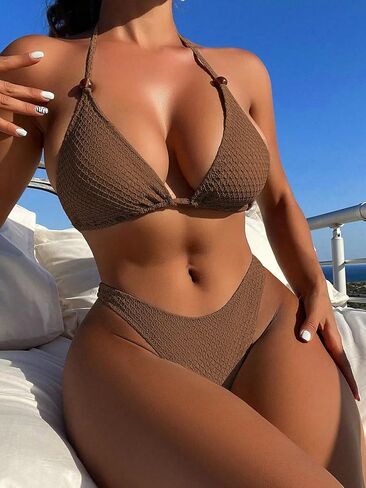 MakeMeChic Women's 2 Piece Bikini Sets Tie Backless Halter Triangle Swimsuit High Cut Bathing Suits in Saudi Arabia
